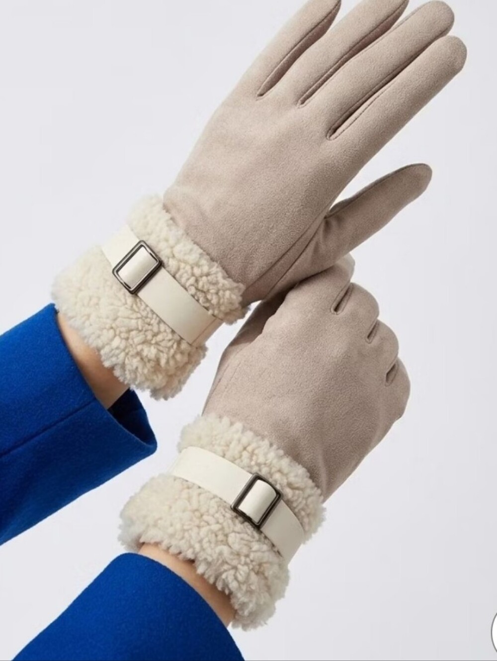 Women’s Cream Suede-Look Fur Cuff Gloves